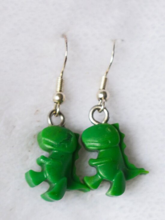 Handmade Jewelry - Handmade Green HDPE T-Rex Dinosaur Dangle Earrings Recycled Jewelry
